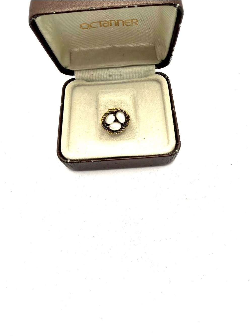 10k Gold Filled OC Tanner Bird Nest Brooch Cultured Pearl Stone Accents